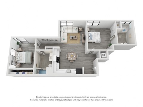 Floor plan for 2 beds, 2 baths, 1017 sqft